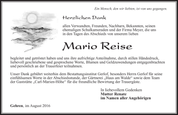 Traueranzeige von Mario Reise von Südthüringer Presse