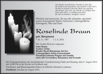 Traueranzeige von Roselinde Braun von Südthüringer Presse