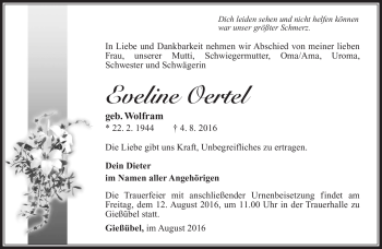 Traueranzeige von Eveline Oertel von Südthüringer Presse