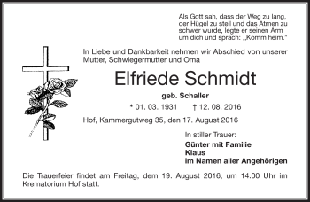 Traueranzeige von Elfriede Schmidt von Frankenpost
