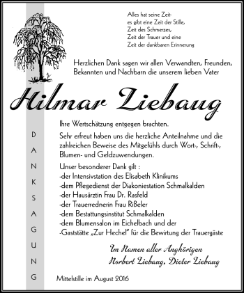 Traueranzeige von Hilmar Liebaug von Südthüringer Presse