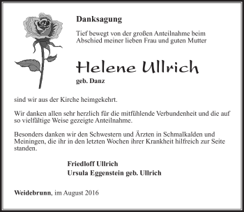 Traueranzeige von Helene Ullrich von Südthüringer Presse