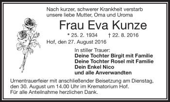 Traueranzeige von Eva Kunze von Frankenpost