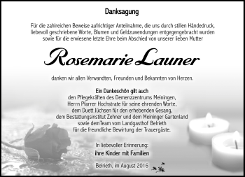 Traueranzeige von Rosemarie Launer von Südthüringer Presse