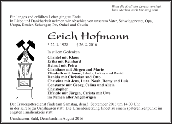 Traueranzeige von Erich Hofmann von Südthüringer Presse