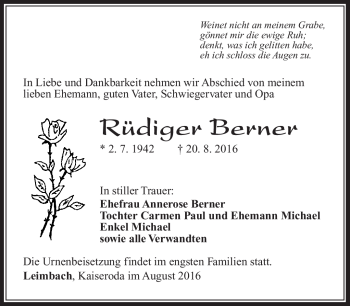 Traueranzeige von Rüdiger Berner von Südthüringer Presse