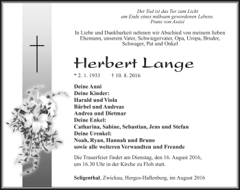 Traueranzeige von Herbert Lange von Südthüringer Presse