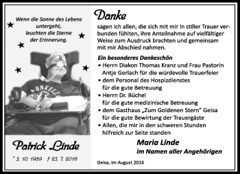 Traueranzeige von Patrick Linde von Südthüringer Presse