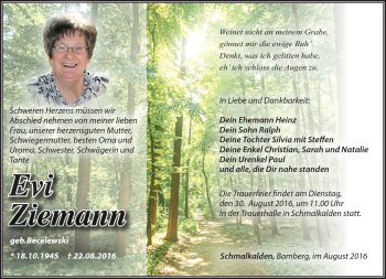 Traueranzeige von Evi Ziemann von Südthüringer Presse