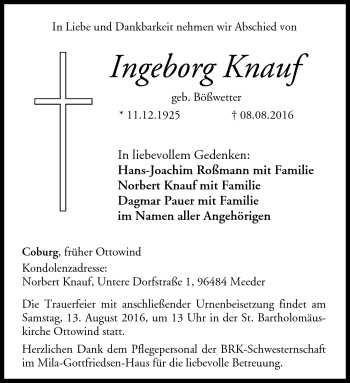 Traueranzeige von Ingeborg Knauf von Neue Presse Coburg