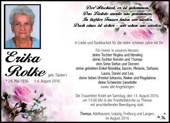 Traueranzeige von Erika Rolke von Südthüringer Presse