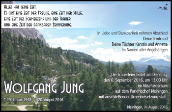 Traueranzeige von Wolfgang Jung von Südthüringer Presse