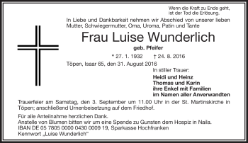 Traueranzeige von Luise Wunderlich von Frankenpost