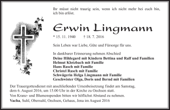 Traueranzeige von Erwin Lingmann von Südthüringer Presse