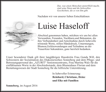 Traueranzeige von Luise Haseloff von Südthüringer Presse