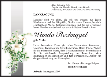 Traueranzeige von Wanda Recknagel von Südthüringer Presse