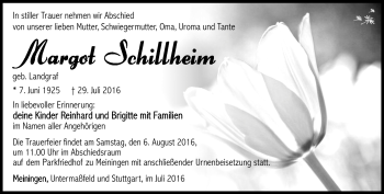 Traueranzeige von Margot Schillheim von Südthüringer Presse
