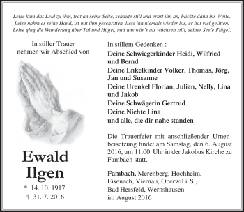 Traueranzeige von Ewald Ilgen von Südthüringer Presse
