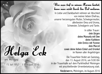 Traueranzeige von Helga Eck von Südthüringer Presse