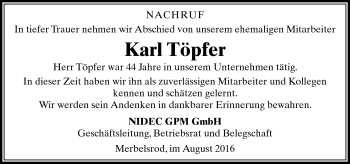 Traueranzeige von Karl Töpfer von Südthüringer Presse