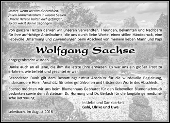 Traueranzeige von Wolfgang Sachse von Südthüringer Presse