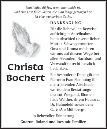 Traueranzeige von Christa Bochert von Südthüringer Presse