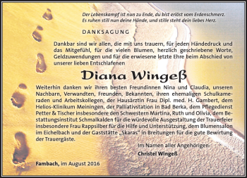 Traueranzeige von Diana Wingeß von Südthüringer Presse