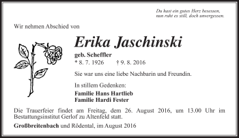 Traueranzeige von Erika Jaschinski von Südthüringer Presse