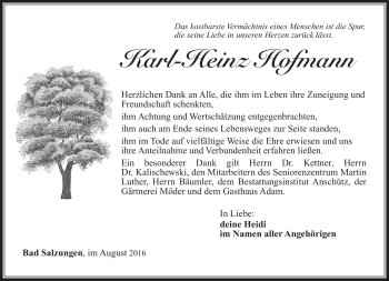 Traueranzeige von Karl-Heinz Hofmann von Südthüringer Presse