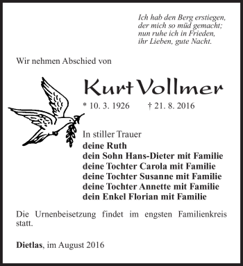 Traueranzeige von Kurt Vollmer von Südthüringer Presse