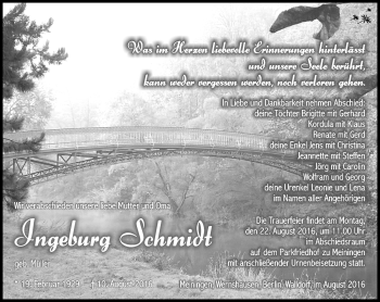 Traueranzeige von Ingeburg Schmidt von Südthüringer Presse