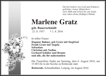 Traueranzeige von Marlene Gratz von Südthüringer Presse