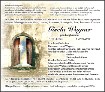Traueranzeige von Gisela Wagner von Südthüringer Presse