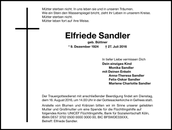 Traueranzeige von Elfriede Sandler von Frankenpost