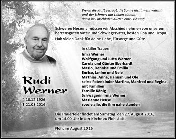 Traueranzeige von Rudi Werner von Südthüringer Presse