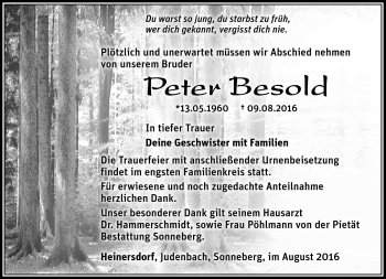 Traueranzeige von Peter Besold von Südthüringer Presse