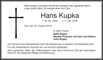 Traueranzeige von Hans Kupka von Frankenpost