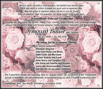 Traueranzeige von Irmgard Bauer von Südthüringer Presse