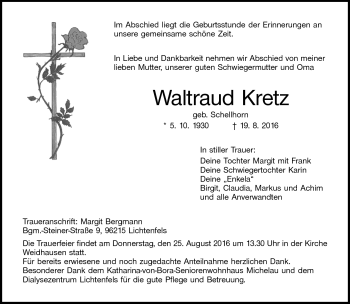 Traueranzeige von Waltraud Kretz von Neue Presse Coburg