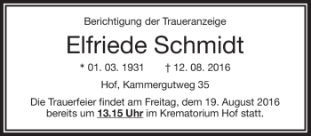 Traueranzeige von Elfriede Schmidt von Frankenpost