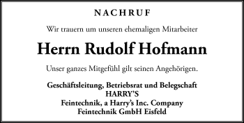 Traueranzeige von Rudolf Hofmann von Südthüringer Presse