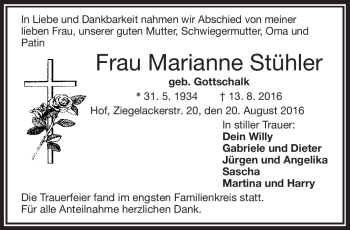 Traueranzeige von Mariannne Stühler von Frankenpost