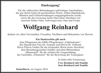 Traueranzeige von Wolfgang Reinhard von Südthüringer Presse