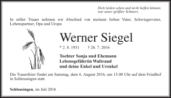 Traueranzeige von Werner Siegel von Südthüringer Presse