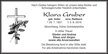 Traueranzeige von Klara Gruber von Frankenpost