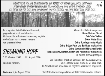 Traueranzeige von Siegmund Hopf von Südthüringer Presse