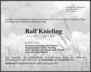 Traueranzeige von Ralf Knieling von Südthüringer Presse