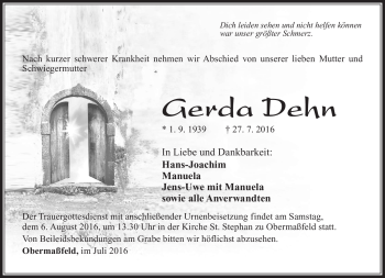 Traueranzeige von Gerda Dehn von Südthüringer Presse