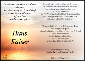 Traueranzeige von Hans Kaiser von Südthüringer Presse