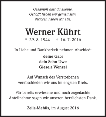 Traueranzeige von Werner Kührt von Südthüringer Presse